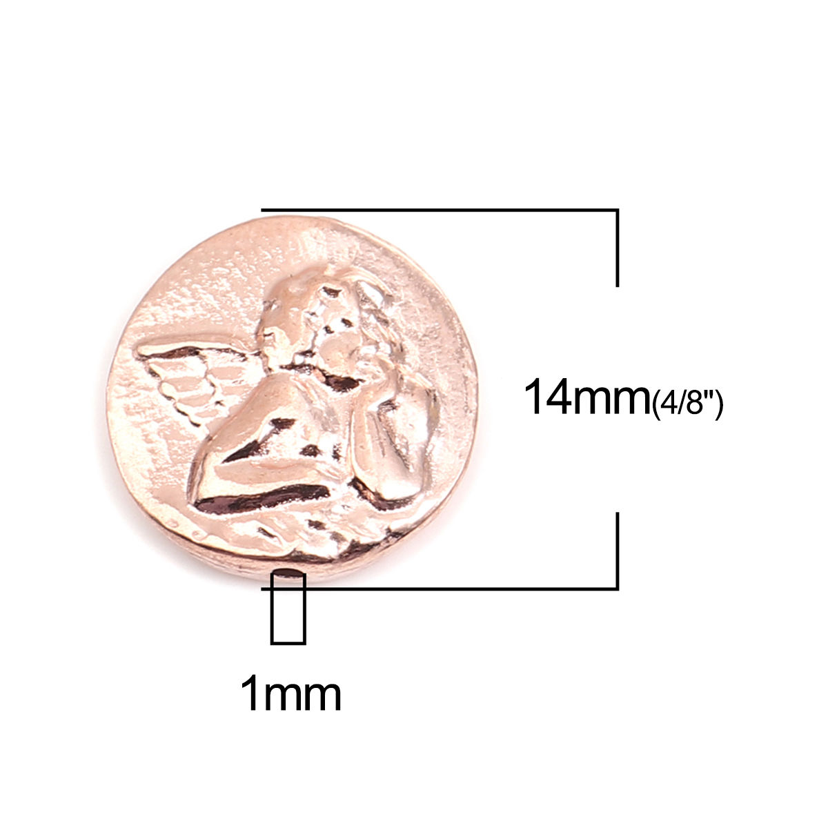Picture of Zinc Based Alloy Religious Spacer Beads Flat Round Rose Gold Angel About 14mm Dia., Hole: Approx 1mm, 20 PCs