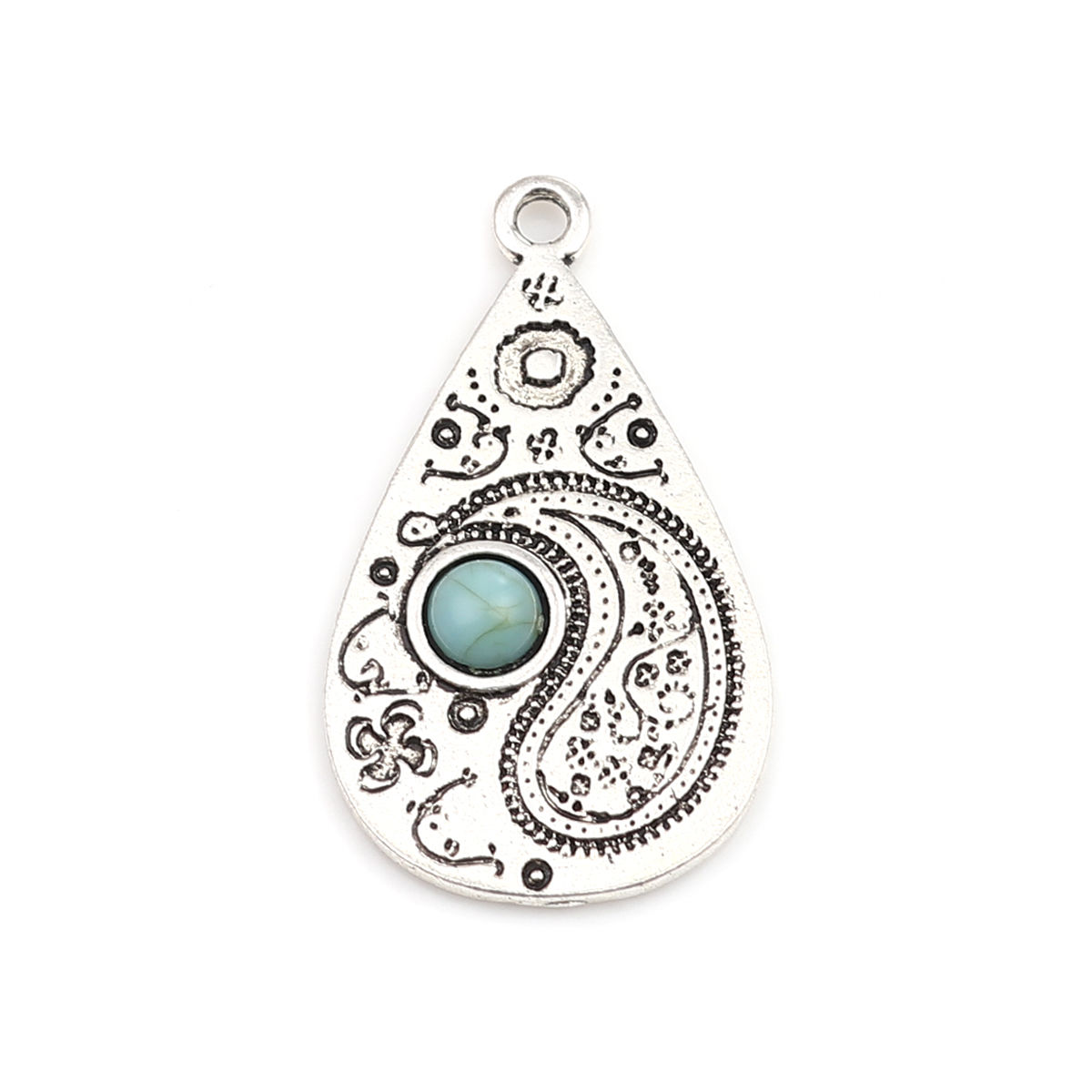 Picture of Zinc Based Alloy & Acrylic Pendants Drop Antique Silver Color Green Blue Imitation Turquoise 33mm x 19mm, 5 PCs