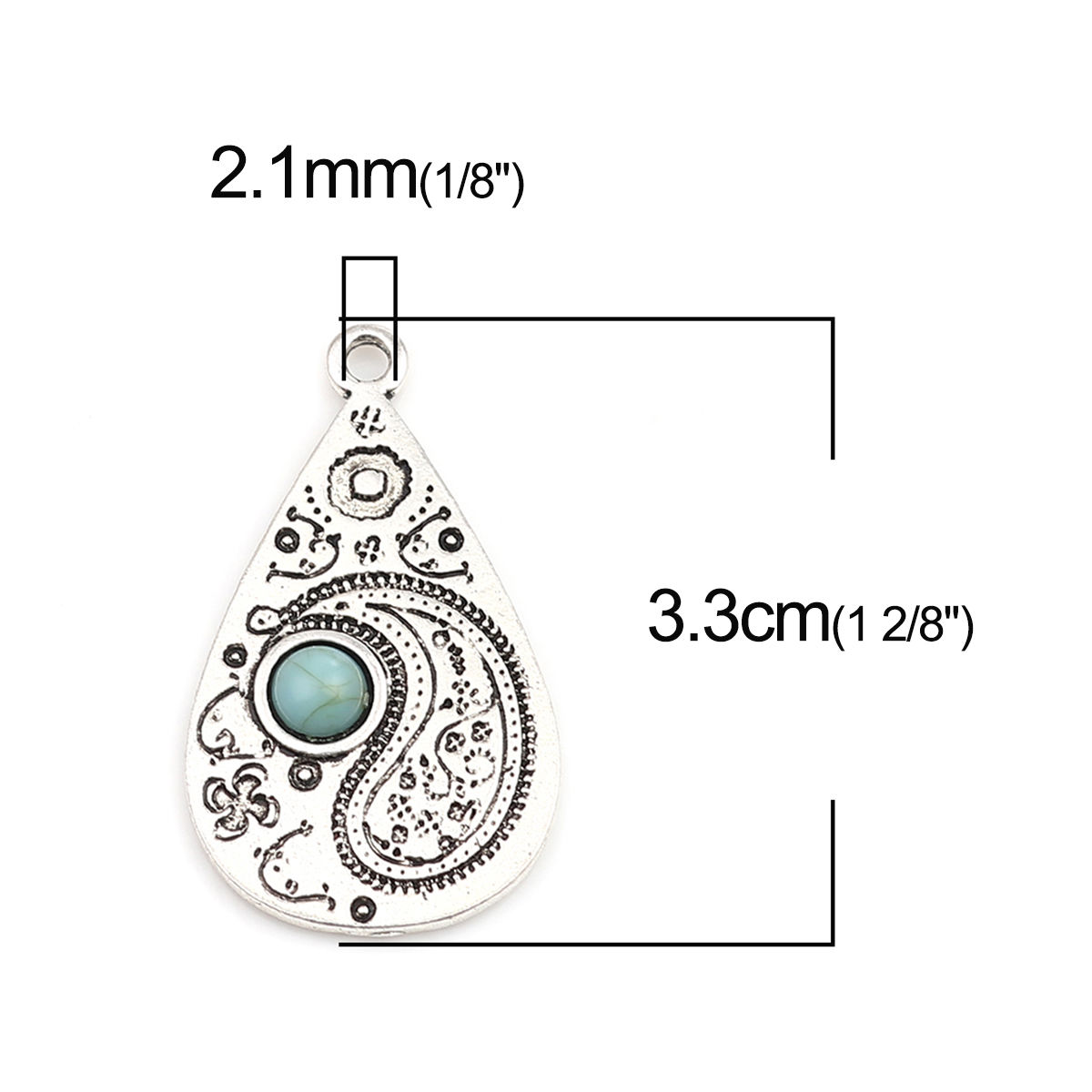 Picture of Zinc Based Alloy & Acrylic Pendants Drop Antique Silver Color Green Blue Imitation Turquoise 33mm x 19mm, 5 PCs