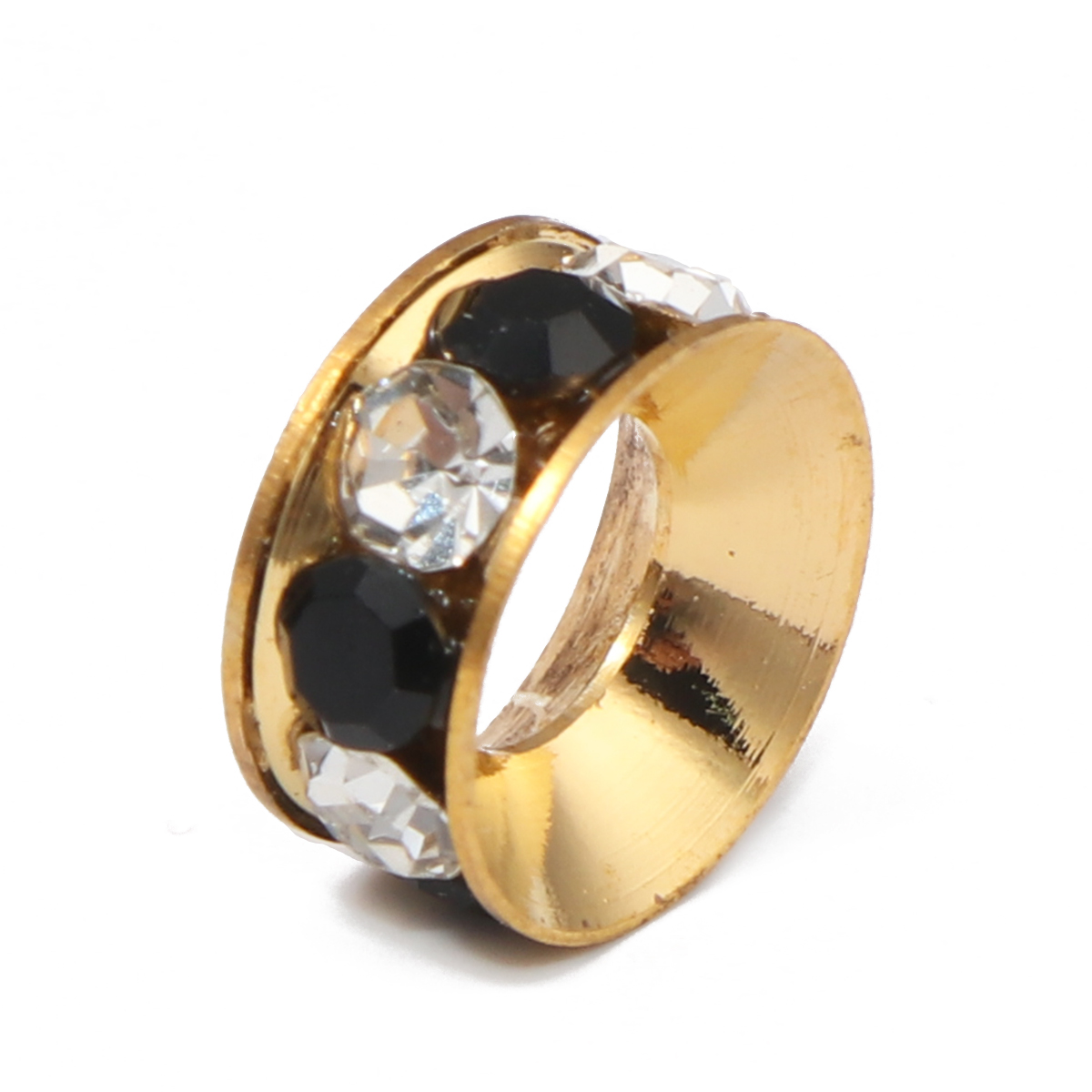 Picture of Brass European Style Large Hole Charm Rondelle Beads Round Gold Plated Clear & Black Rhinestone About 11mm Dia, Hole: Approx 5mm, 10 PCs