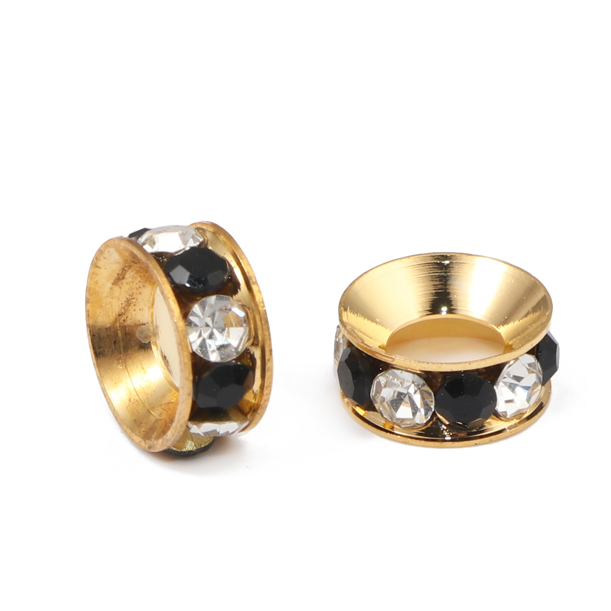 Picture of Brass European Style Large Hole Charm Rondelle Beads Round Gold Plated Clear & Black Rhinestone About 11mm Dia, Hole: Approx 5mm, 10 PCs