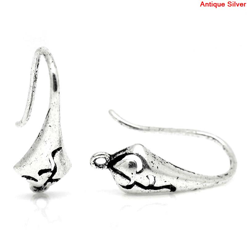 Picture of 10 PCs Brass Ear Wire Hooks Earrings For DIY Jewelry Making Accessories Antique Silver Color With Loop 18mm x 10mm, Post/ Wire Size: 0.8mm(20 gauge)