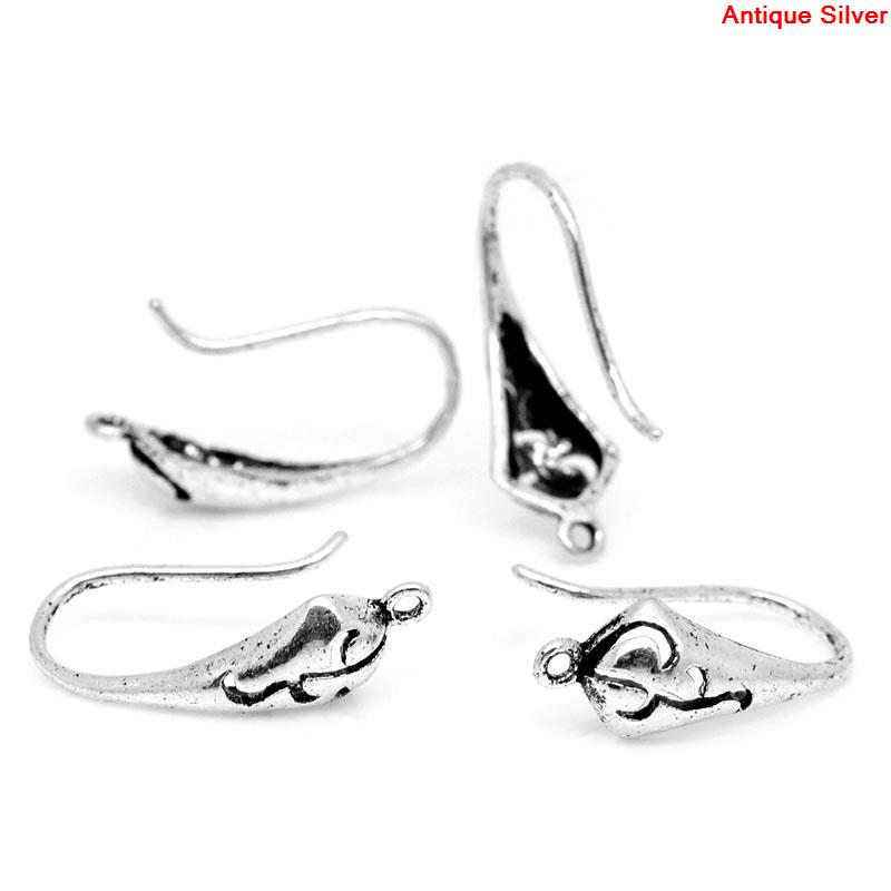 Picture of 10 PCs Brass Ear Wire Hooks Earrings For DIY Jewelry Making Accessories Antique Silver Color With Loop 18mm x 10mm, Post/ Wire Size: 0.8mm(20 gauge)