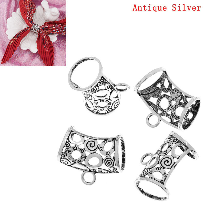 Picture of Bail Beads for Wrap Scarf Antique Silver Color Loop Spiral Pattern Carved Hollow 4.1cm x 3.4cm,5PCs