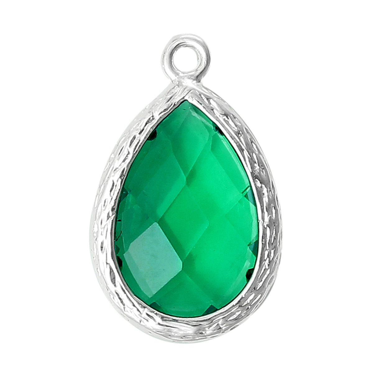 Picture of Brass Charm Pendants September Birthstone Teardrop Bright Sparkly Silver Peacock Blue Resin Rhinestone Faceted 18mm( 6/8") x 11mm( 3/8", 5 PCs