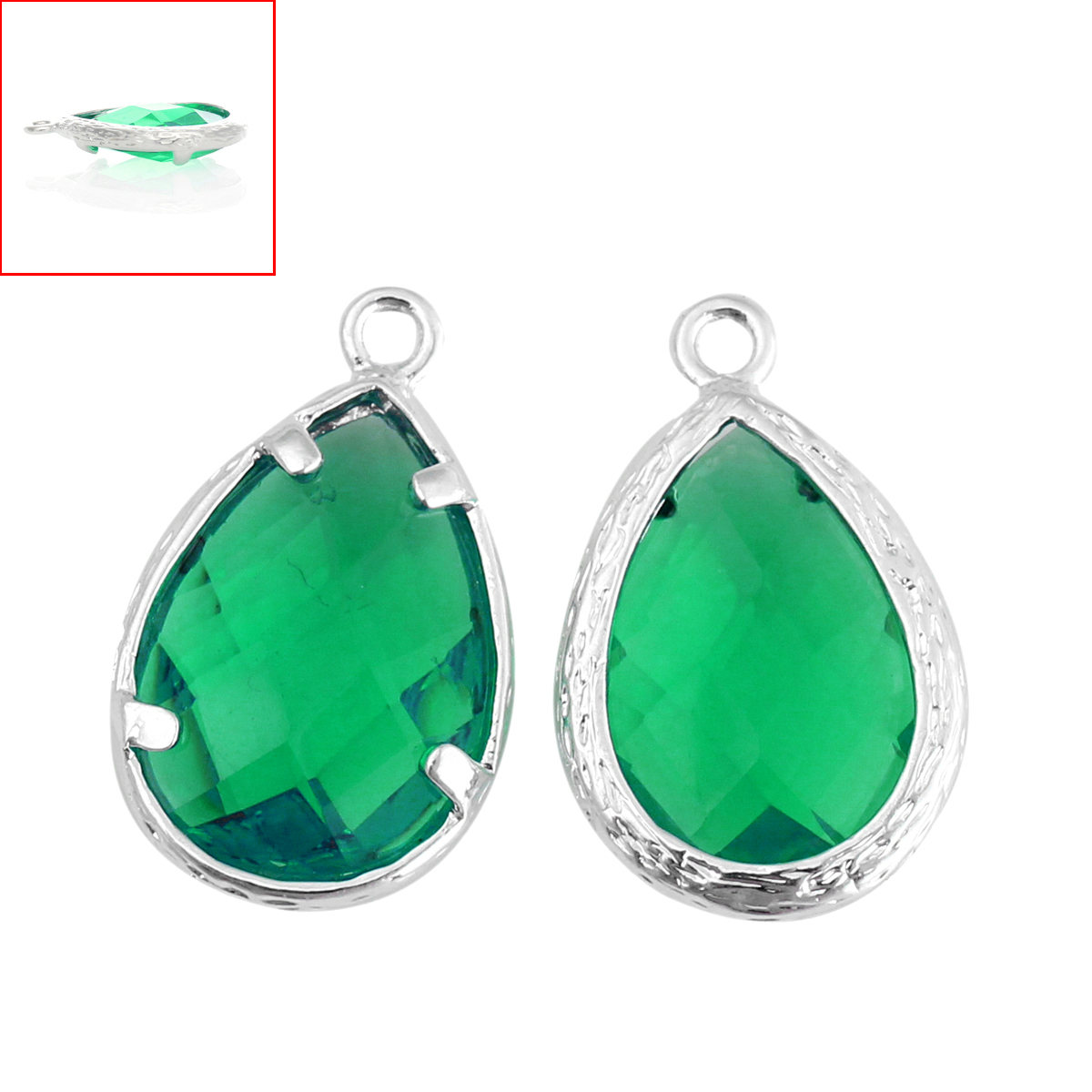 Picture of Brass Charm Pendants September Birthstone Teardrop Bright Sparkly Silver Peacock Blue Resin Rhinestone Faceted 18mm( 6/8") x 11mm( 3/8", 5 PCs