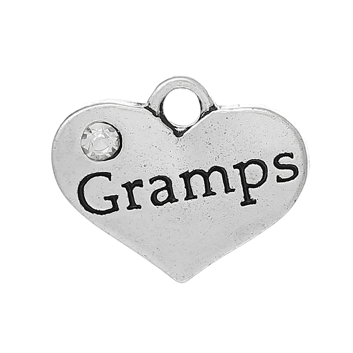 Picture of 20 PCs Zinc Based Alloy Family Jewelry Charms Antique Silver Color Heart Message " Gramps " Clear Rhinestone 17mm x 14mm