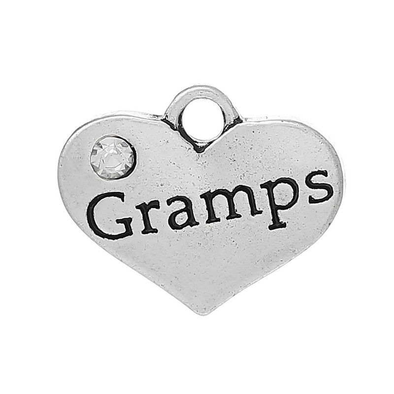 Picture of 20 PCs Zinc Based Alloy Family Jewelry Charms Antique Silver Color Heart Message " Gramps " Clear Rhinestone 17mm x 14mm