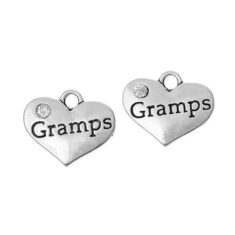 Picture of 20 PCs Zinc Based Alloy Family Jewelry Charms Antique Silver Color Heart Message " Gramps " Clear Rhinestone 17mm x 14mm