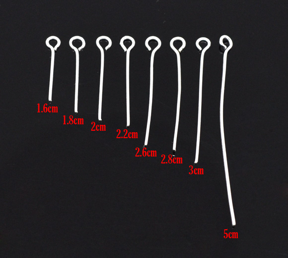 Picture of Iron Based Alloy Eye Pins Silver Plated Mixed 5cm(2") long - 1.6cm( 5/8") long, 0.7mm(21 gauge), 1 Packet(800 PCs)