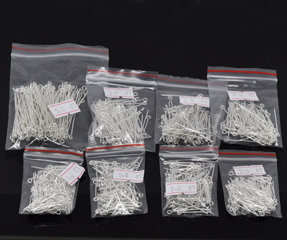 Picture of Iron Based Alloy Eye Pins Silver Plated Mixed 5cm(2") long - 1.6cm( 5/8") long, 0.7mm(21 gauge), 1 Packet(800 PCs)