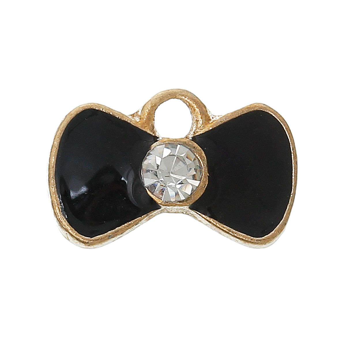 Picture of Zinc Metal Alloy Charm Pendants Bowknot Light Golden Black Enamel Clear Rhinestone 12mm x 8mm( 4/8" x 3/8"), 20 PCs