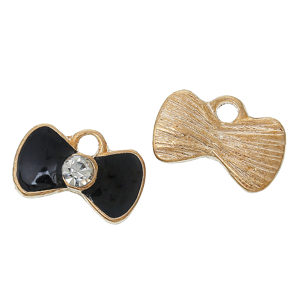 Picture of Zinc Metal Alloy Charm Pendants Bowknot Light Golden Black Enamel Clear Rhinestone 12mm x 8mm( 4/8" x 3/8"), 20 PCs