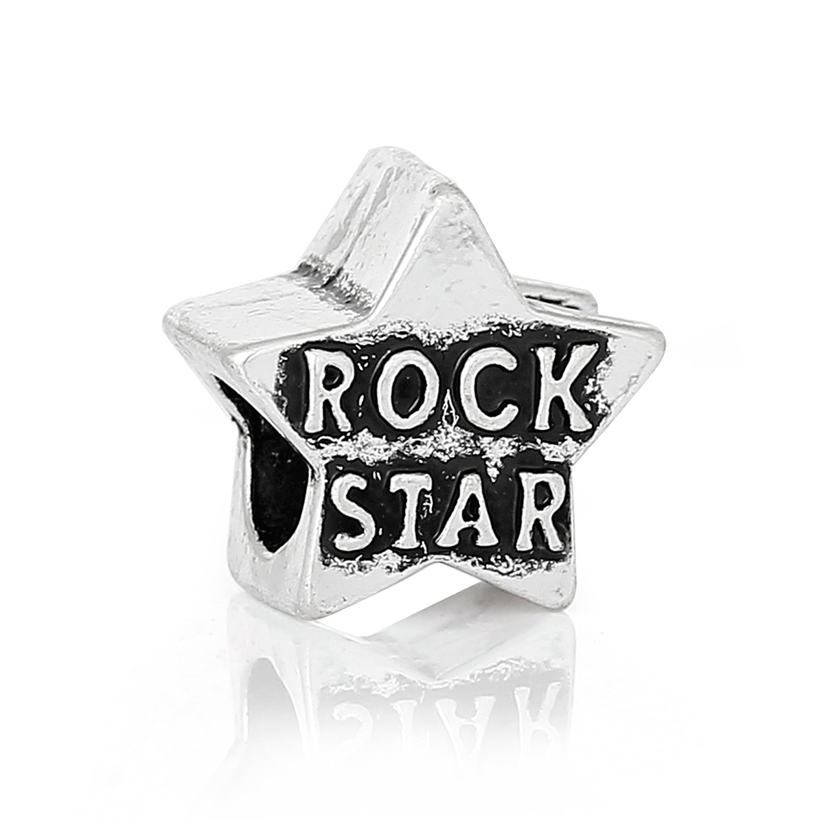 Picture of Zinc Metal Alloy European Style Large Hole Charm Beads Star Antique Silver Color Message "Rock Star" Carved About 12mm x 12mm, Hole: Approx 5.2mm, 20 PCs