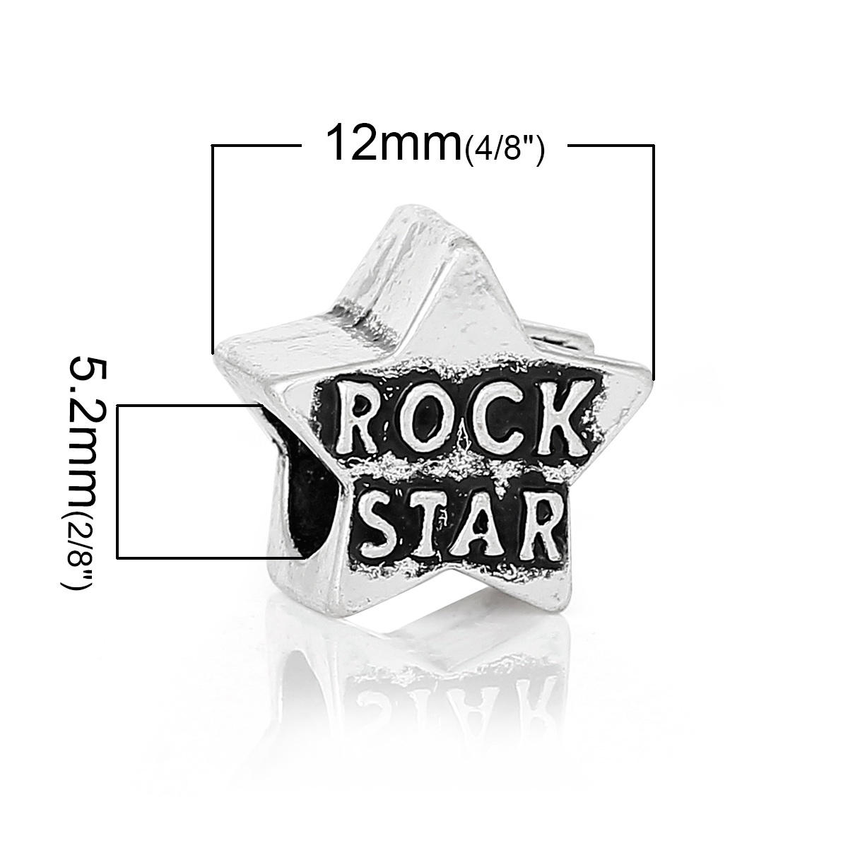 Picture of Zinc Metal Alloy European Style Large Hole Charm Beads Star Antique Silver Color Message "Rock Star" Carved About 12mm x 12mm, Hole: Approx 5.2mm, 20 PCs