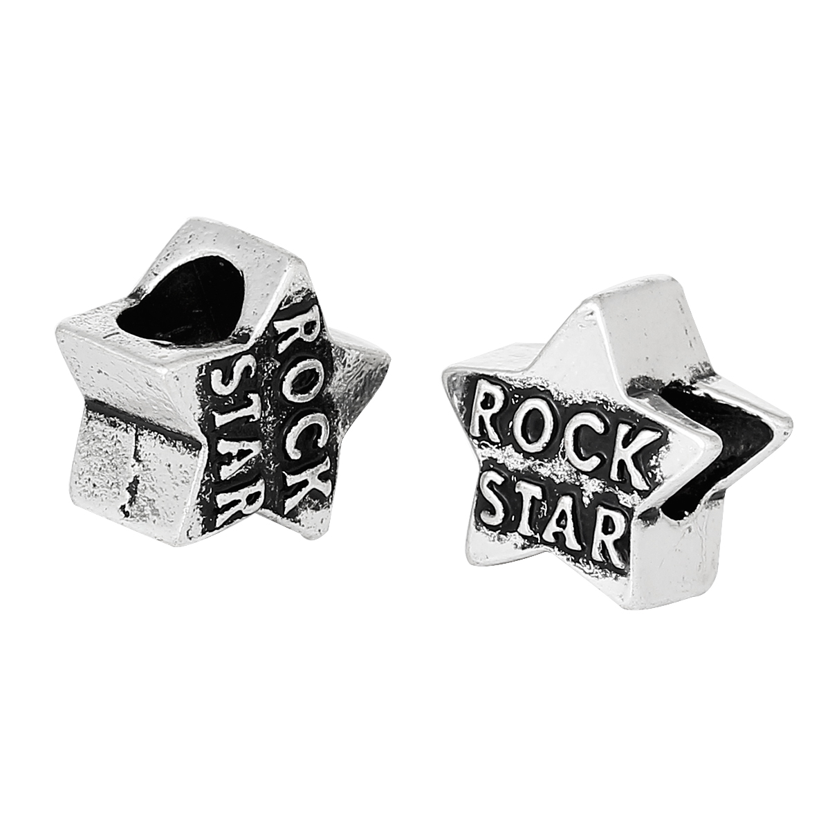 Picture of Zinc Metal Alloy European Style Large Hole Charm Beads Star Antique Silver Color Message "Rock Star" Carved About 12mm x 12mm, Hole: Approx 5.2mm, 20 PCs