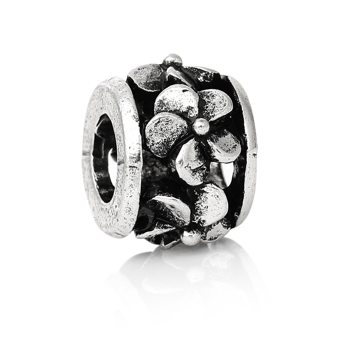 Picture of Zinc Metal Alloy European Style Large Hole Charm Beads Round Antique Silver Color Flower Carved About 12mm x 9mm, Hole: Approx 5.3mm, 10 PCs