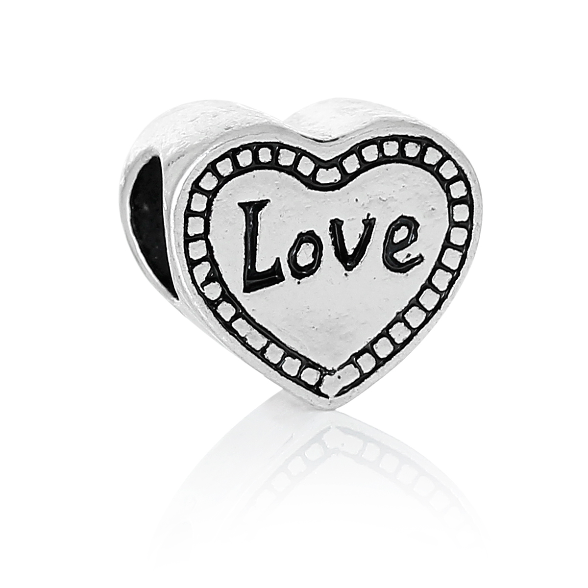 Picture of Zinc Metal Alloy European Style Large Hole Charm Beads Heart Antique Silver Color Message "LOVE" Carved About 12mm x 11mm, Hole: Approx 5.4mm, 10 PCs