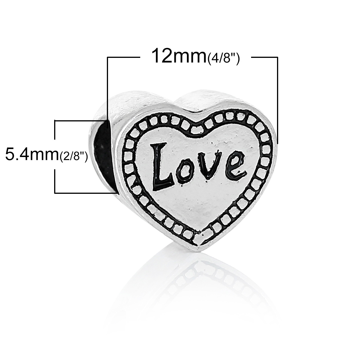 Picture of Zinc Metal Alloy European Style Large Hole Charm Beads Heart Antique Silver Color Message "LOVE" Carved About 12mm x 11mm, Hole: Approx 5.4mm, 10 PCs