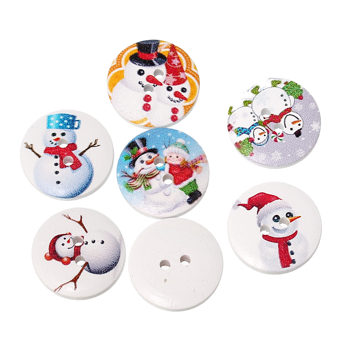 Picture of Natural Wood Sewing Buttons Scrapbooking 2 Holes Round At Random Mixed Christmas Snowman Pattern 20mm( 6/8") Dia, 100 PCs