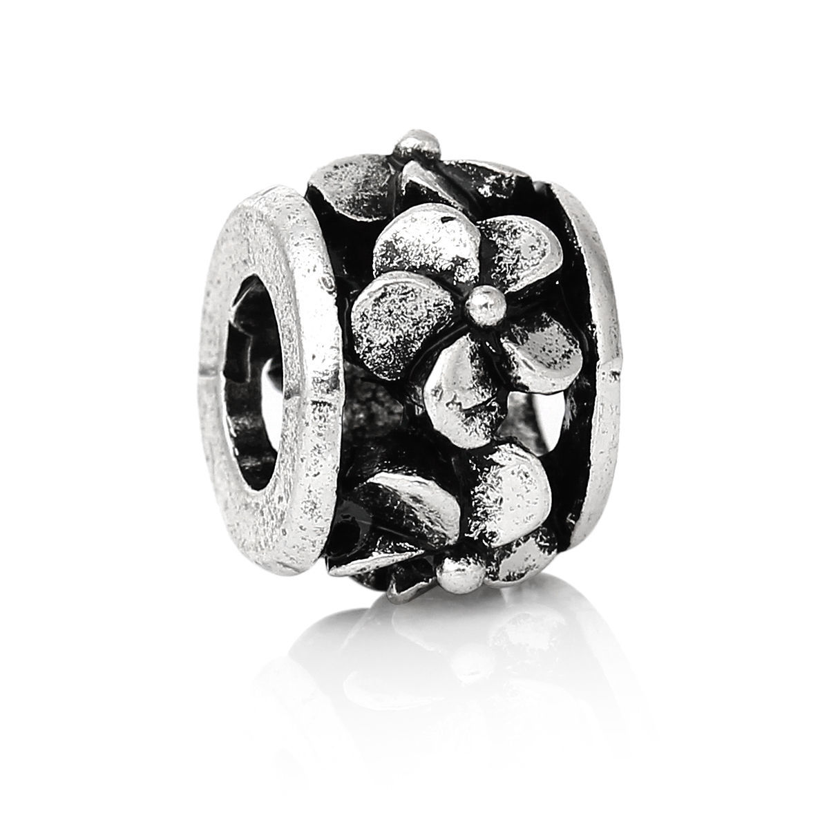 Picture of Zinc Metal Alloy European Style Large Hole Charm Beads Round Antique Silver Color Flower Carved About 12mm x 9mm, Hole: Approx 5.3mm, 10 PCs