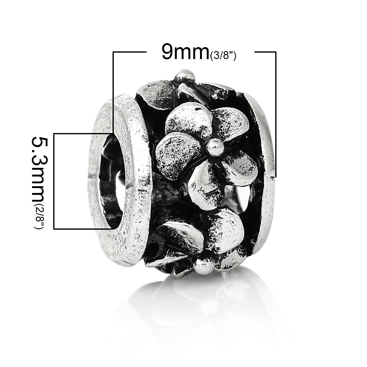 Picture of Zinc Metal Alloy European Style Large Hole Charm Beads Round Antique Silver Color Flower Carved About 12mm x 9mm, Hole: Approx 5.3mm, 10 PCs