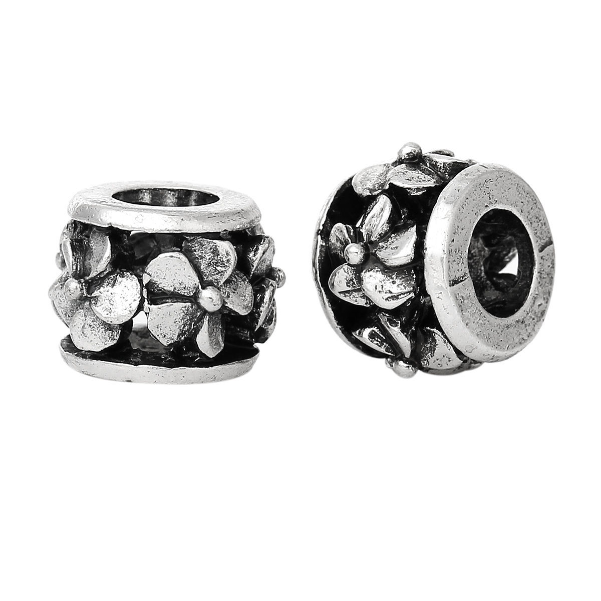 Picture of Zinc Metal Alloy European Style Large Hole Charm Beads Round Antique Silver Color Flower Carved About 12mm x 9mm, Hole: Approx 5.3mm, 10 PCs