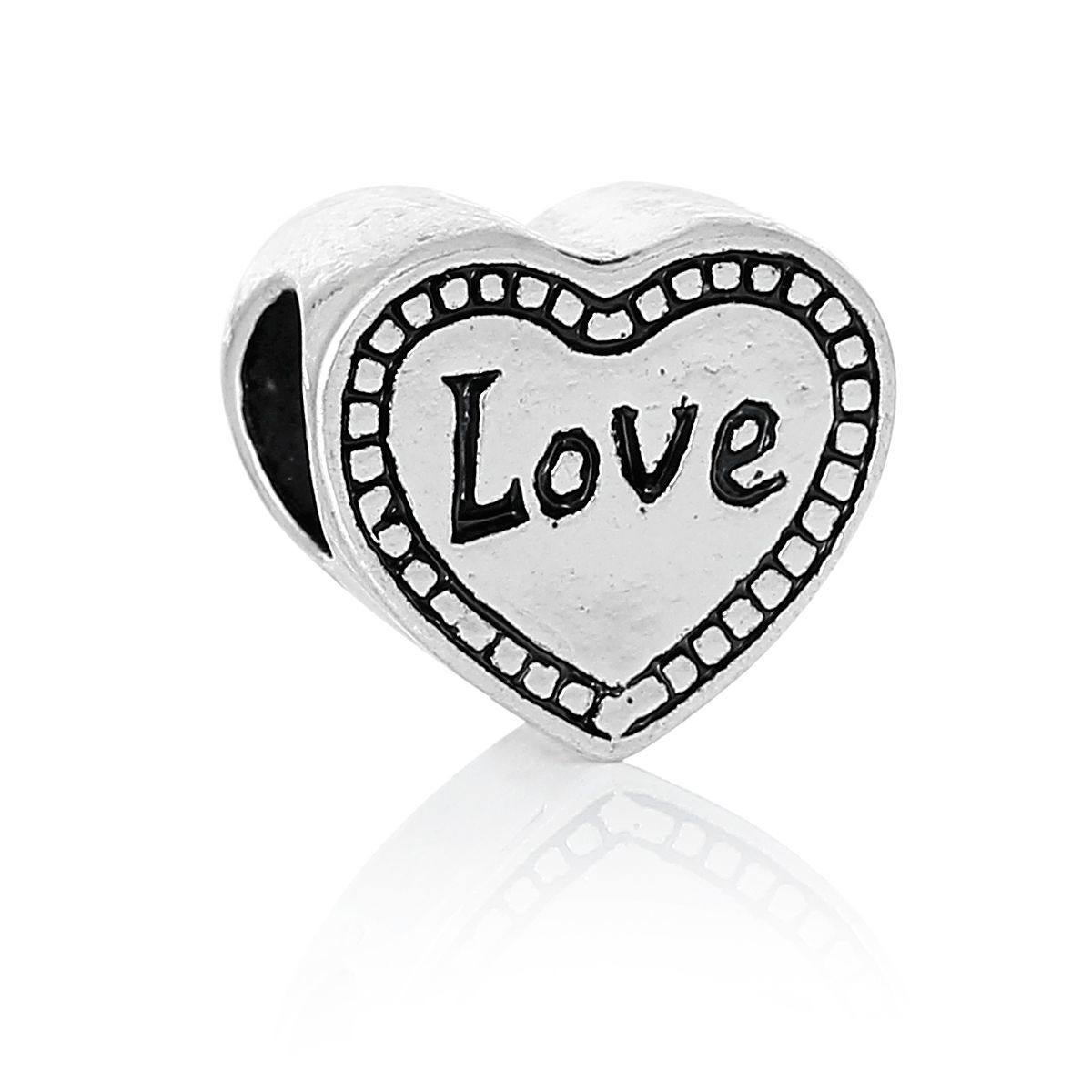Picture of Zinc Metal Alloy European Style Large Hole Charm Beads Heart Antique Silver Color Message "LOVE" Carved About 12mm x 11mm, Hole: Approx 5.4mm, 10 PCs