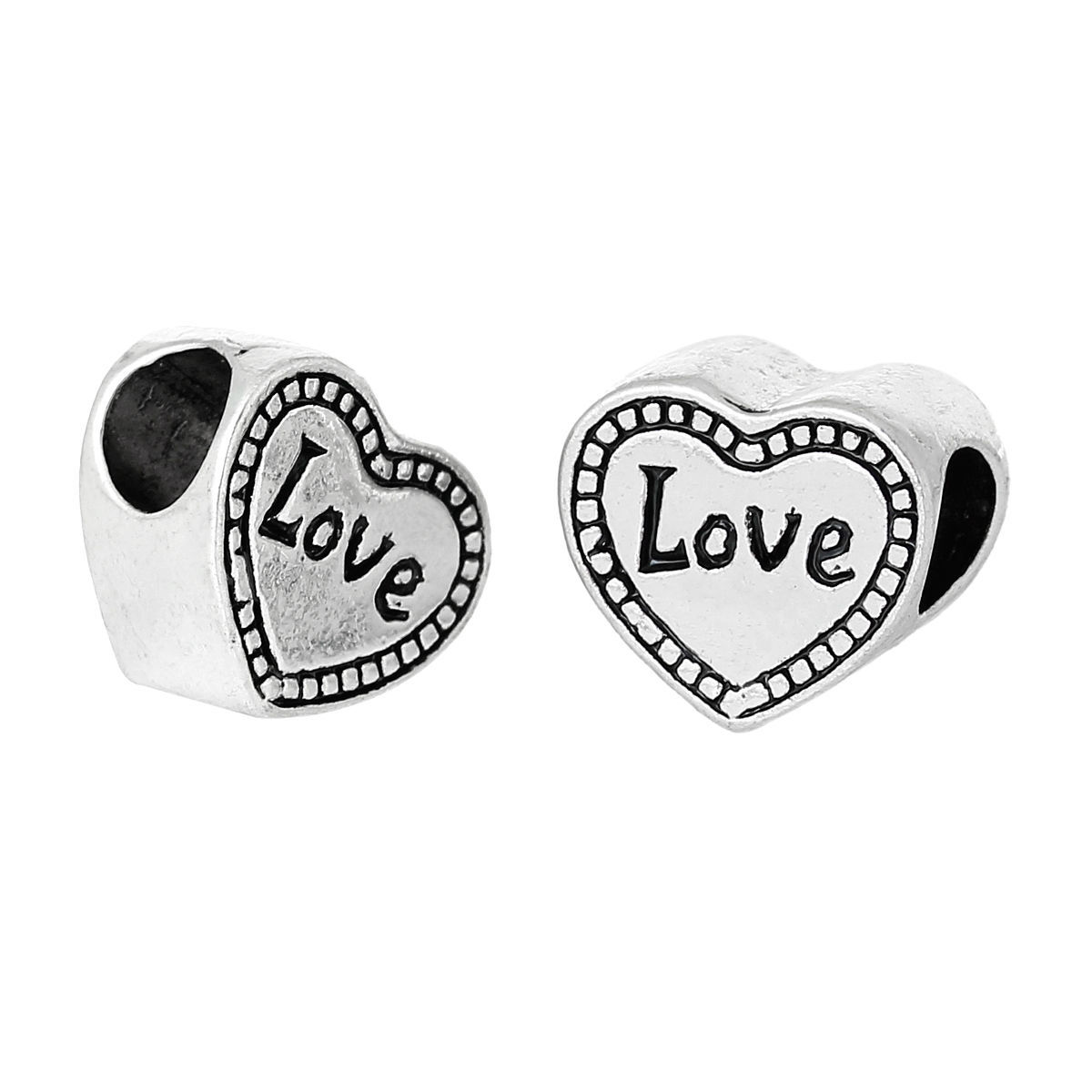 Picture of Zinc Metal Alloy European Style Large Hole Charm Beads Heart Antique Silver Color Message "LOVE" Carved About 12mm x 11mm, Hole: Approx 5.4mm, 10 PCs