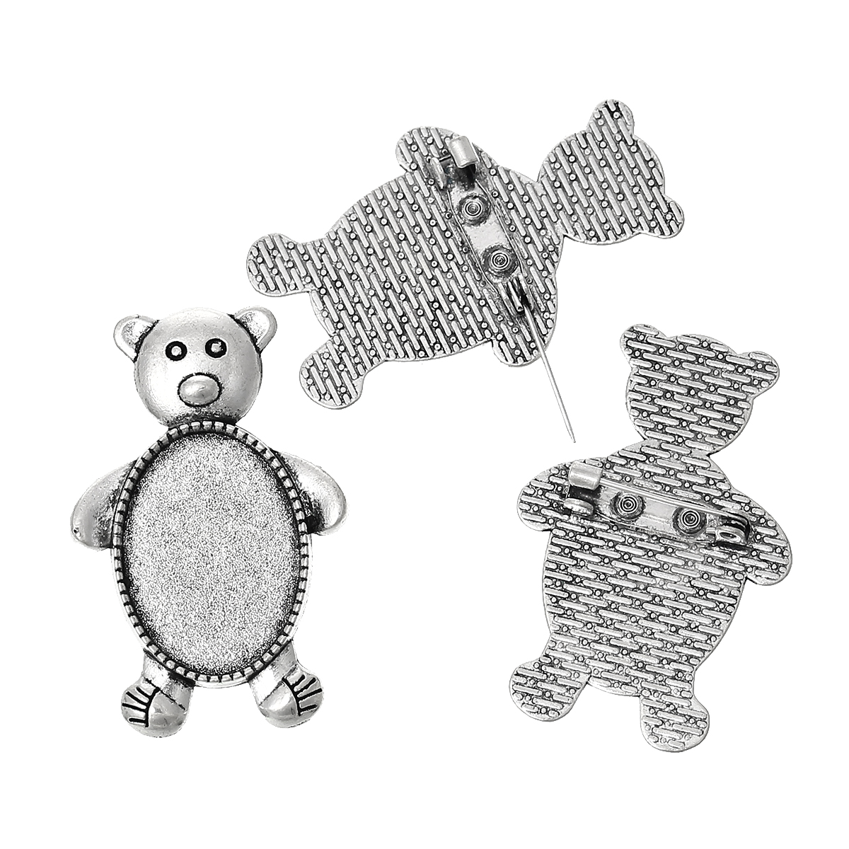 Picture of Zinc Based Alloy Pin Brooches Findings Bear Antique Silver Color Cabochon Settings (Fits 25mm x 18mm) 4.4cm x2.9cm(1 6/8" x1 1/8"), 5 PCs