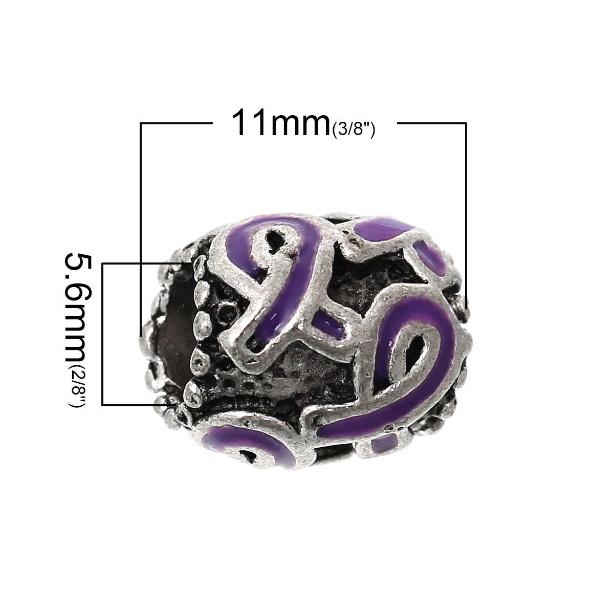 Picture of Zinc Metal Alloy European Style Large Hole Charm Beads Barrel Antique Silver Color Ribbon Carved At Random Mixed Enamel About 11mm x 11mm, Hole: Approx 5.6mm, 10 PCs