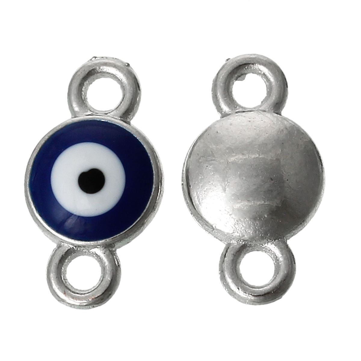 Picture of Zinc Metal Alloy Connectors Findings Round Silver Tone Evil Eye Carved Dark Blue & White Enamel 14mm x 8mm, 30 PCs