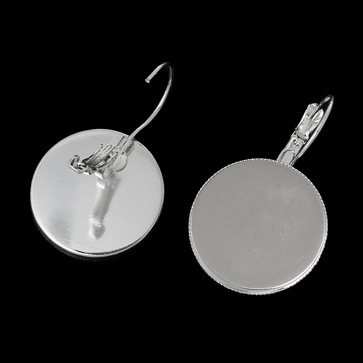 Picture of 4 PCs Brass Cabochon Settings Lever Back Clips Earrings Findings Disc Silver Plated (Fits 20mm Dia.) 3.4cm x2.1cm(1 3/8" x 7/8") - 3.3cm x2.1cm(1 2/8" x 7/8")