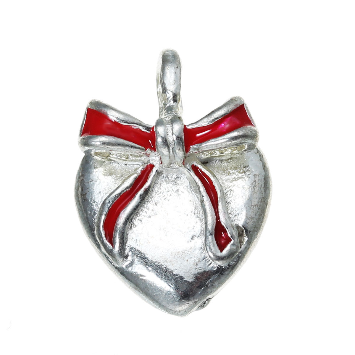Picture of Zinc Metal Alloy Charm Pendants Heart Silver Plated Bowknot Carved Red Enamel 15mm x 11mm( 5/8" x 3/8"), 5 PCs