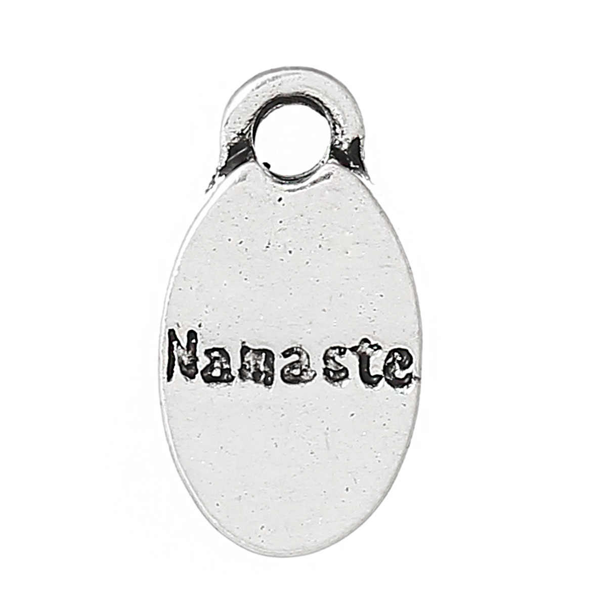 Picture of Zinc Metal Alloy Charm Pendants Oval Antique Silver Color Message " Namaste " Carved 15mm( 5/8") x 8mm( 3/8"), 30 PCs