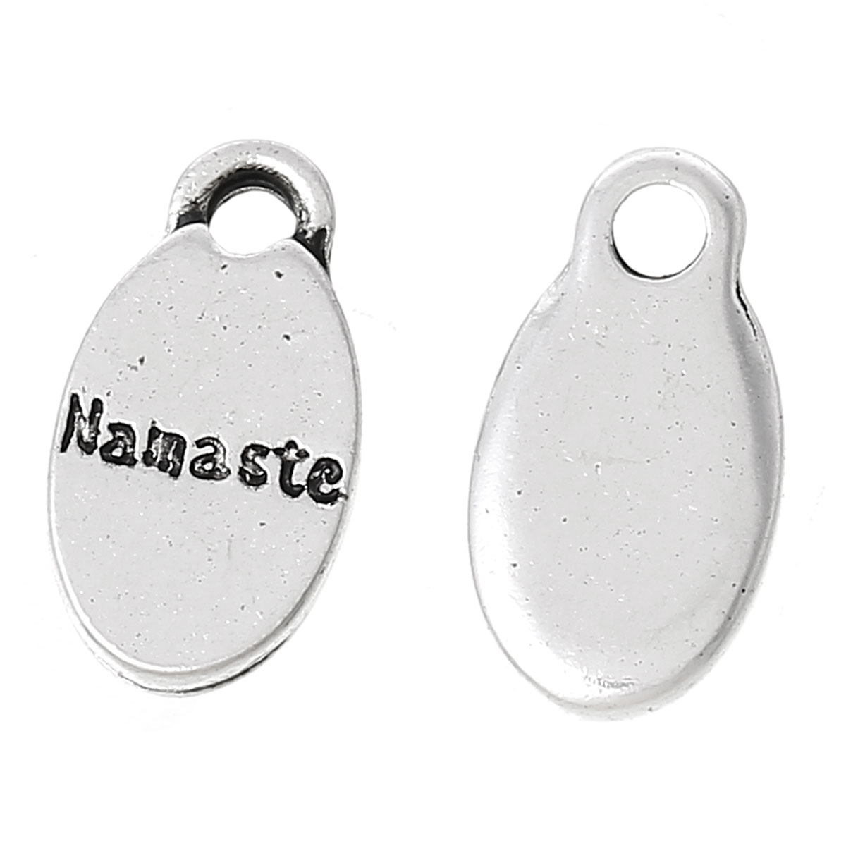 Picture of Zinc Metal Alloy Charm Pendants Oval Antique Silver Color Message " Namaste " Carved 15mm( 5/8") x 8mm( 3/8"), 30 PCs