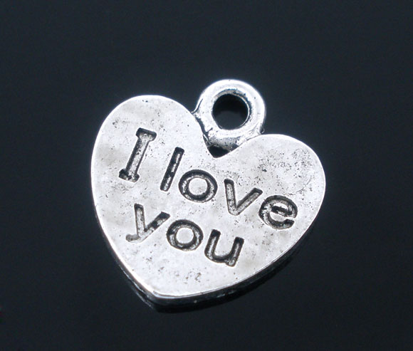Picture of Zinc Based Alloy Charms Heart Antique Silver Color Message " I Love you " 12mm( 4/8") x 11mm( 3/8"), 50 PCs