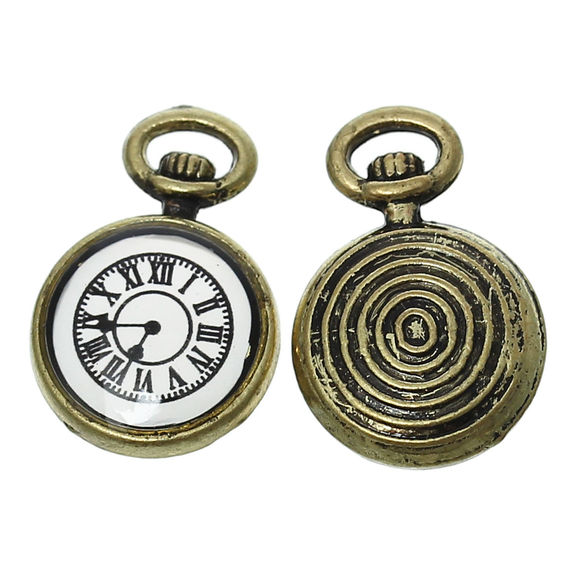 Picture of Zinc Metal Alloy Charm Pendants Pocket Watch Antique Bronze Roman Numerals Carved 17mm( 5/8") x 11mm( 3/8"), 10 PCs