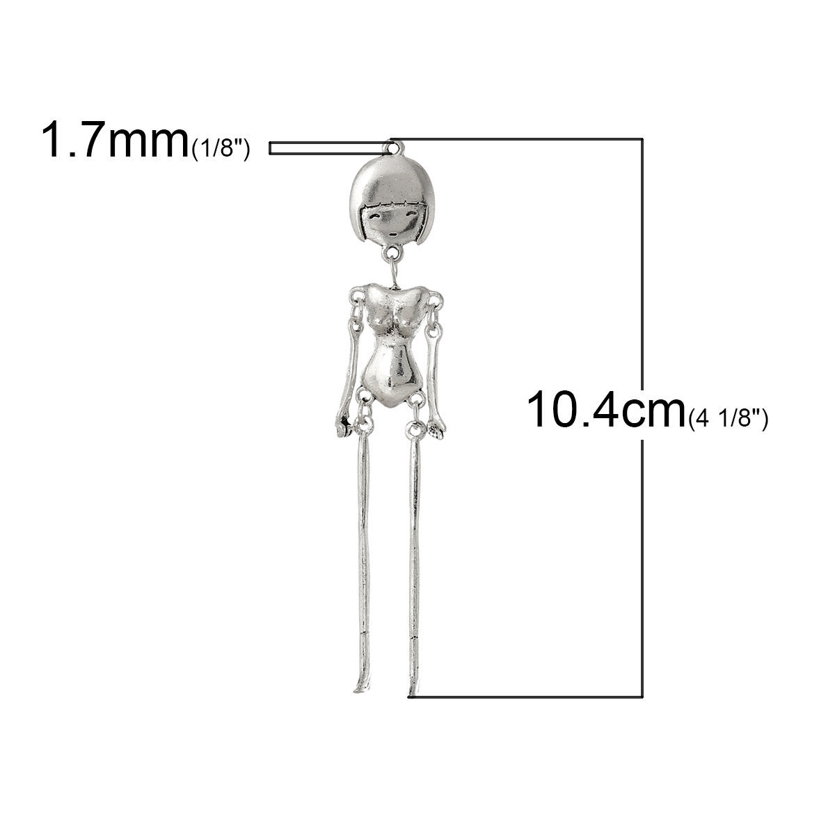 Picture of Zinc Metal Alloy Body DIY Toy Doll Making Pendants Human Femal Skeleton Antique Silver Color 10.4cm(4 1/8") x 1.8cm( 6/8"), 5 PCs