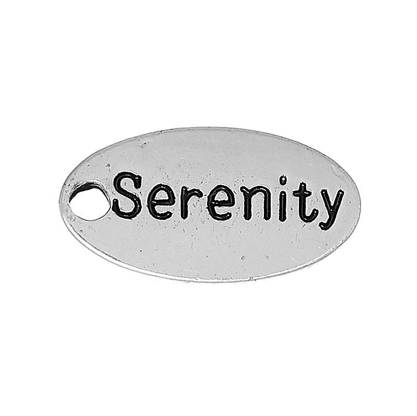 Picture of Zinc Metal Alloy Charm Pendants Oval Antique Silver Color Message " Serenity " Carved 15mm( 5/8") x 8mm( 3/8"), 10 PCs