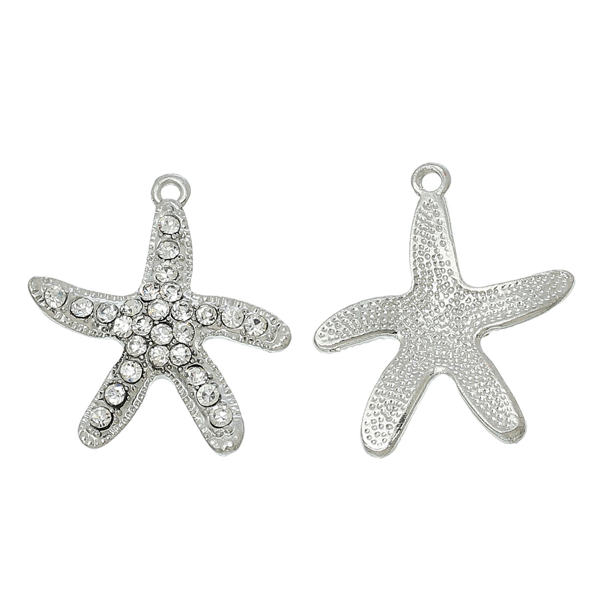 Picture of Ocean Jewelry Zinc Based Alloy Charms Starfish Silver Tone Clear Rhinestone 28mm(1 1/8") x 26mm(1"), 5 PCs