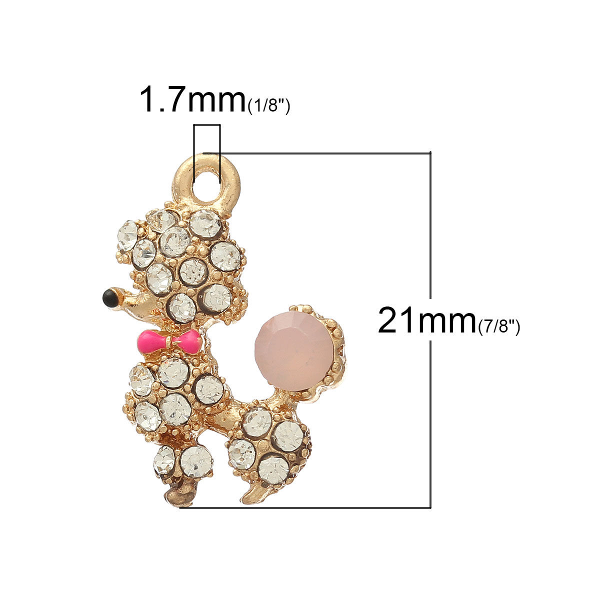 Picture of Zinc Metal Alloy Charm Pendants Poodle Dog Animal Gold Plated Clear Rhinestone Enamel 21mm( 7/8") x 15mm( 5/8"), 5 PCs