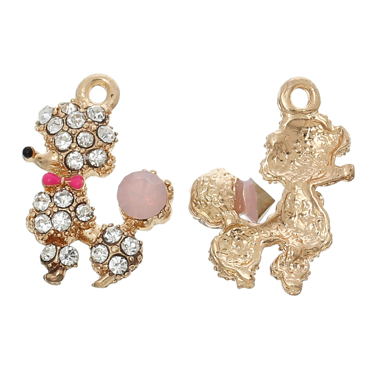 Picture of Zinc Metal Alloy Charm Pendants Poodle Dog Animal Gold Plated Clear Rhinestone Enamel 21mm( 7/8") x 15mm( 5/8"), 5 PCs