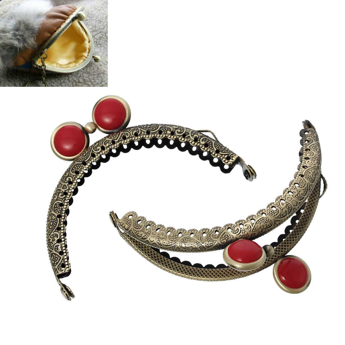 Picture of Iron Based Alloy Kiss Clasp Lock Purse Frame Arch Antique Bronze Red Resin Ball 8.8x6cm(3 4/8" x2 3/8"), Open Size: 11.6x8.8cm(4 5/8"x3 4/8"), 2 PCs