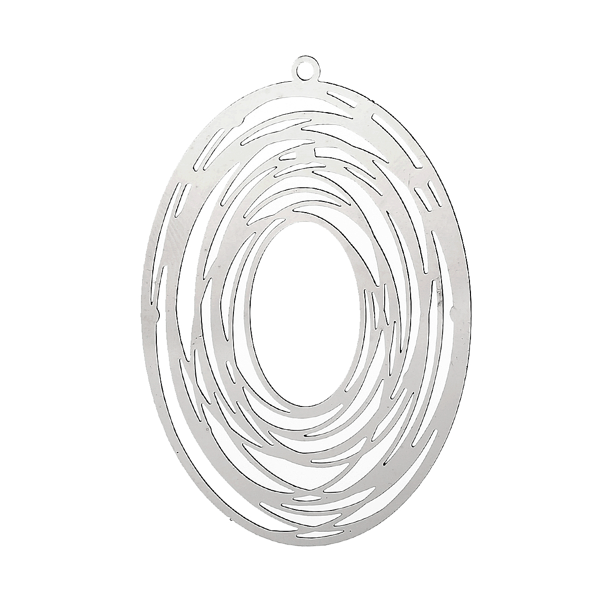 Picture of 304 Stainless Steel Filigree Stamping Pendants Oval Silver Tone Circle Carved Hollow 57mm(2 2/8") x 40mm(1 5/8"), 10 PCs