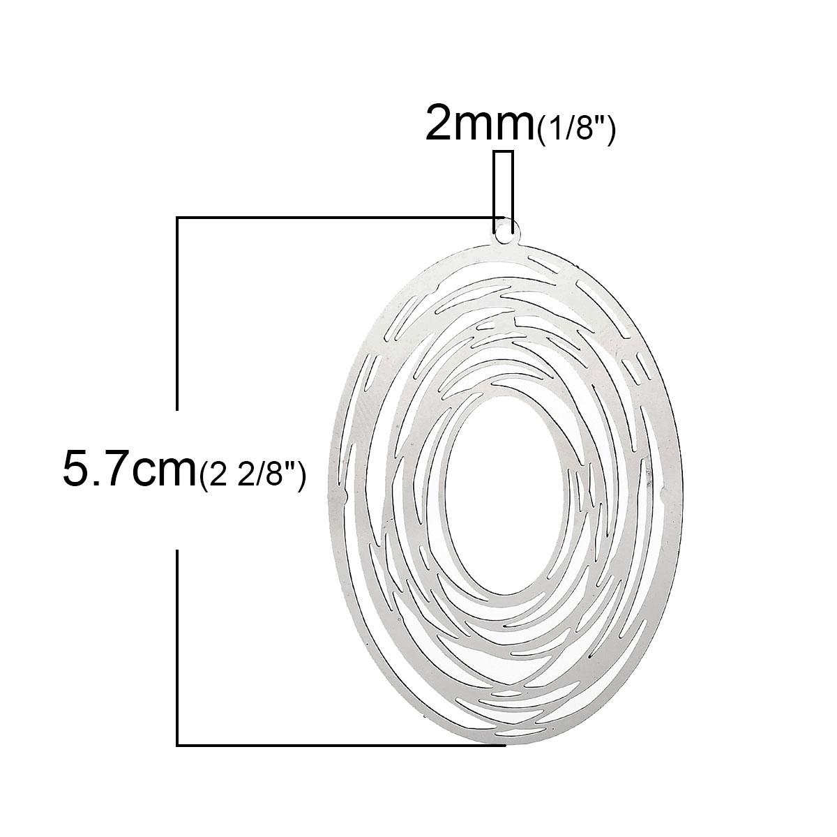 Picture of 304 Stainless Steel Filigree Stamping Pendants Oval Silver Tone Circle Carved Hollow 57mm(2 2/8") x 40mm(1 5/8"), 10 PCs