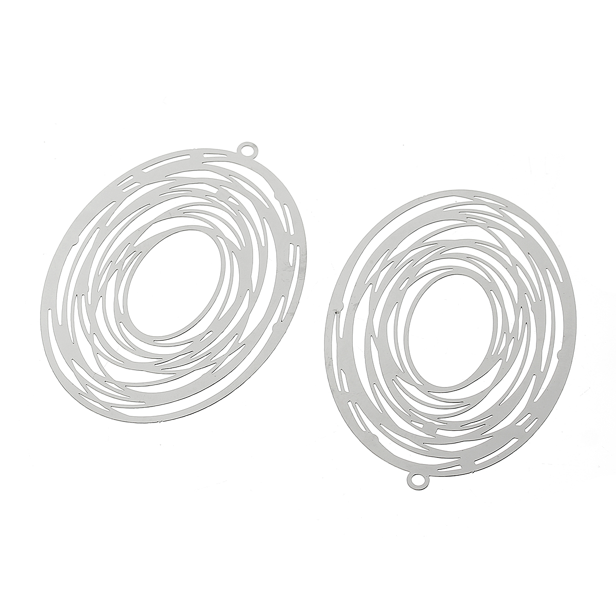 Picture of 304 Stainless Steel Filigree Stamping Pendants Oval Silver Tone Circle Carved Hollow 57mm(2 2/8") x 40mm(1 5/8"), 10 PCs