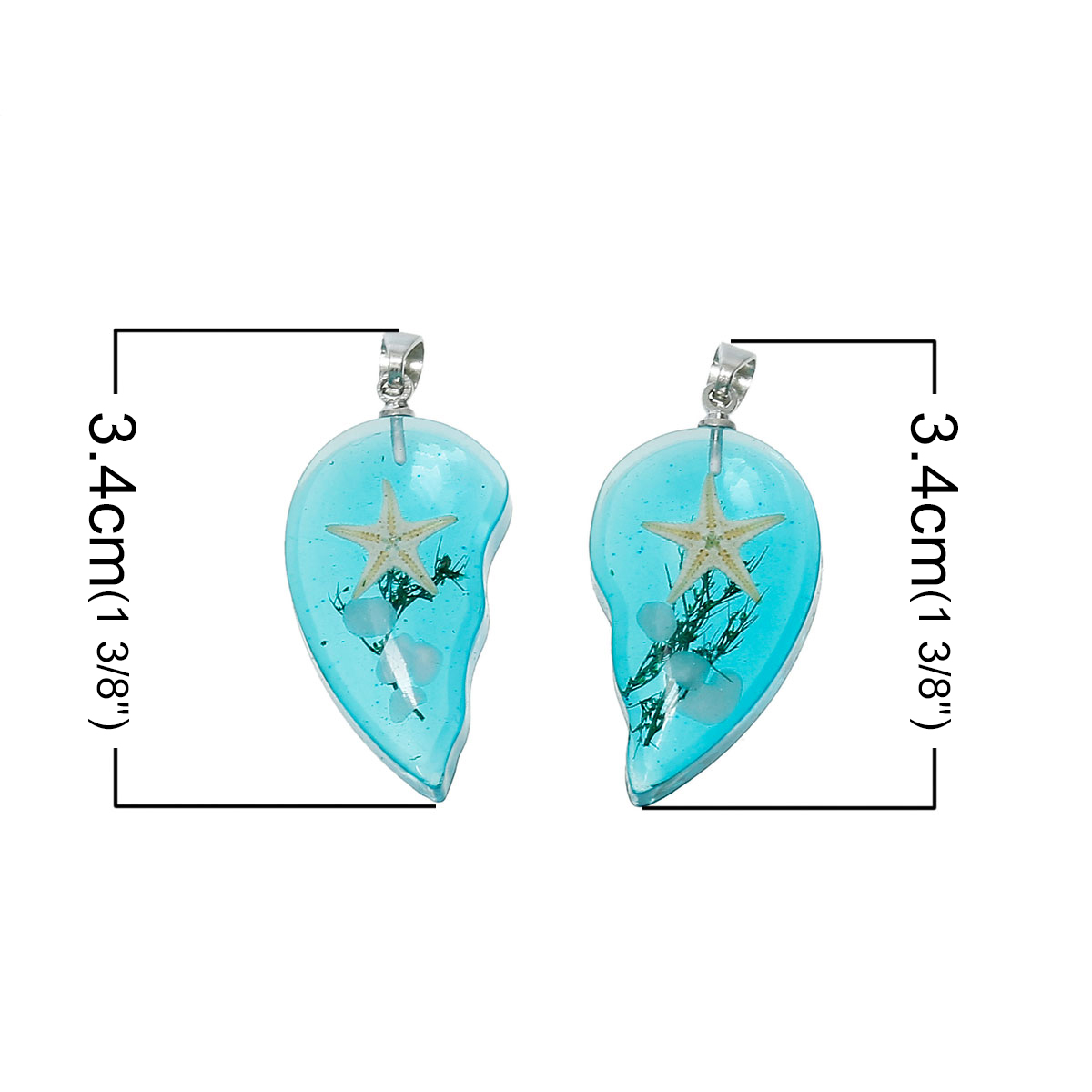 Picture of Ocean Jewelry Resin Couples Pendants Broken Heart Transparent Green Blue Real Starfish 34mm(1 3/8") x 31mm(1 2/8"), 1 Pair