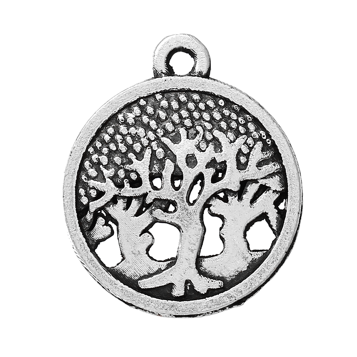 Picture of Zinc Metal Alloy Charm Pendants Round Antique Silver Color Tree Carved Hollow 19mm( 6/8") x 16mm( 5/8"), 30 PCs