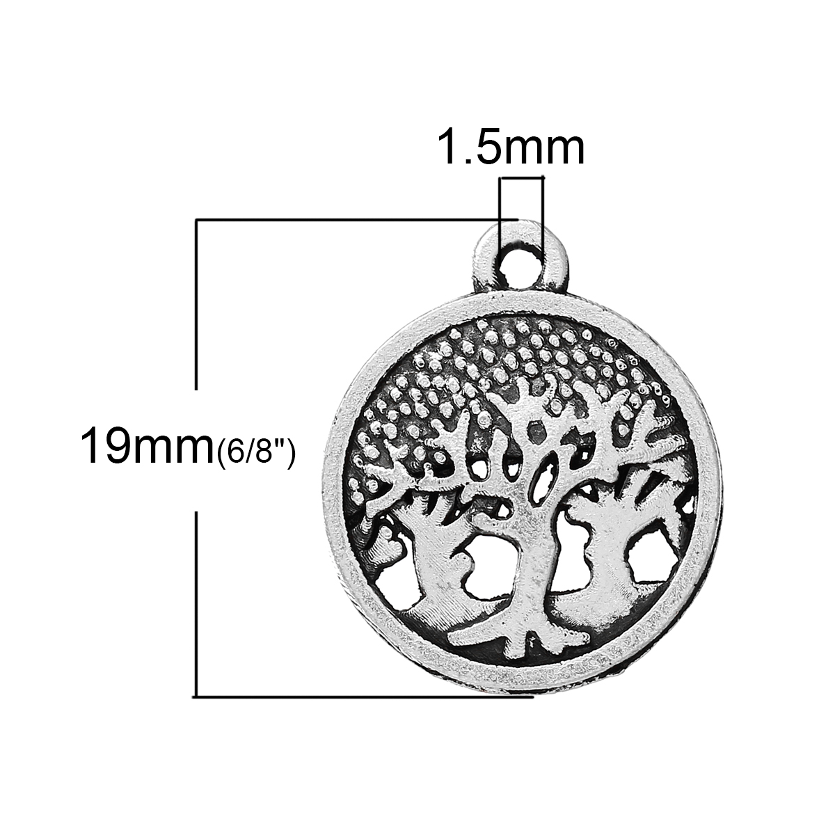 Picture of Zinc Metal Alloy Charm Pendants Round Antique Silver Color Tree Carved Hollow 19mm( 6/8") x 16mm( 5/8"), 30 PCs